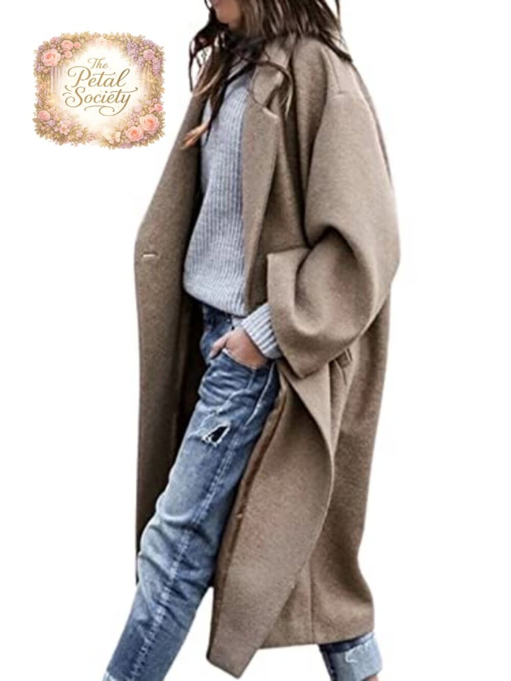 Wool Blend Oversized Notched Collar Midi Trench Coat Long Sleeve